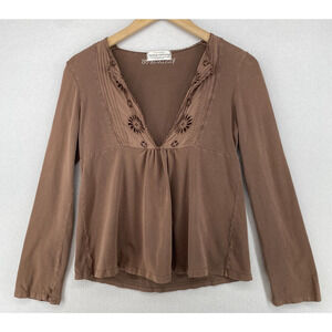 VINTAGE FIFTYFIVE Top Womens S Pintuck Deep Split Neck Long Sleeve Blouse Brown